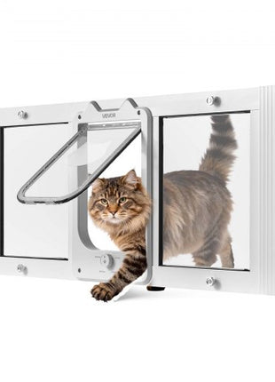Cat Door for Window, Adjustable to Fit Window Width 35"-40", 4 Secure Lock Modes, Aluminum Frame and High-Transparency Glass, Magnetic Closure, Weatherproof Quick-Fit Pet Door for Cats, White