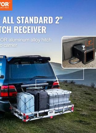 49.4 x 22.4 x 7.1 in Hitch Cargo Carrier, 500lbs Loading Capacity Trailer Hitch Mounted Cargo Basket, Rust-proof Aluminum Luggage Carrier Rack Fits 2" Hitch Receiver for SUV Truck Pickup Camping