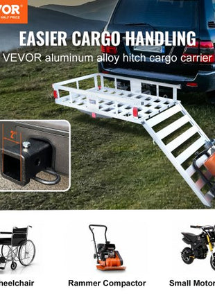 50 x 29.5 x 8.7 inch Hitch Cargo Carrier, 500lbs Capacity Trailer Hitch Mounted Cargo Basket, Aluminum Luggage Carrier Rack with Folding Ramp, Fits 2" Hitch Receiver for SUV Truck Pickup Camping