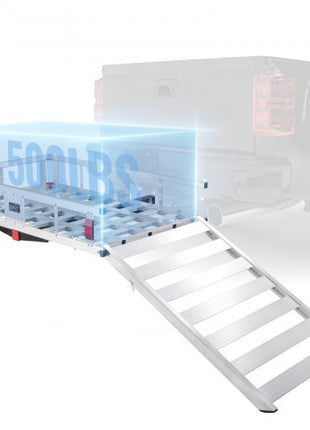 50 x 29.5 x 8.7 inch Hitch Cargo Carrier, 500lbs Capacity Trailer Hitch Mounted Cargo Basket, Aluminum Luggage Carrier Rack with Folding Ramp, Fits 2" Hitch Receiver for SUV Truck Pickup Camping