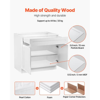 White Shaker Base Cabinet with Drawer, 30-Inch Unassembled Drawer Base Cabinet, 30" W x 24" D x 34.5" H Ready to Assemble Cabinet with Soft-Close Doors and Adjustable Shelf, for Home Office