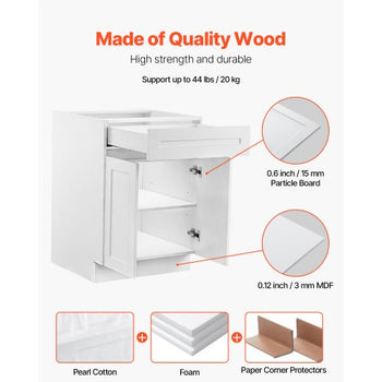 White Shaker Base Cabinet with Drawer, 24-Inch Unassembled Drawer Base Cabinet, 24" W x 24" D x 34.5" H Ready to Assemble Cabinet with Soft-Close Doors and Adjustable Shelf, for Home Office