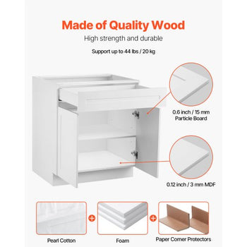 White Shaker Base Cabinet with Drawer, 36-Inch Unassembled Drawer Base Cabinet, 36" W x 24" D x 34.5" H Ready to Assemble Cabinet with Soft-Close Doors and Adjustable Shelf, for Home Office