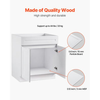 White Shaker Base Cabinet, 30-Inch Unassembled Sink Base Cabinet, 30" W x 24" D x 34.5" H Ready to Assemble Cabinet with Soft-Close Doors and Adjustable Shelf, for Home Office