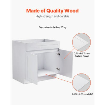 White Shaker Base Cabinet, 36-Inch Unassembled Sink Base Cabinet, 36" W x 24" D x 34.5" H Ready to Assemble Cabinet with Soft-Close Doors and Adjustable Shelf, for Home Office