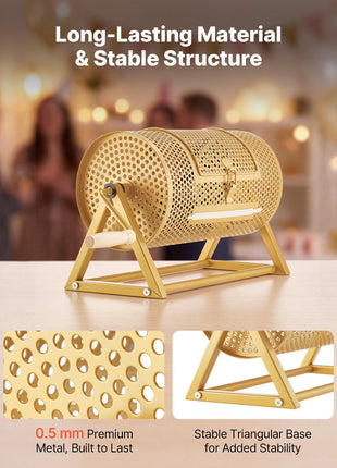 Raffle Ticket Spinner, 11.6" x 6.6" Holds 2500 Tickets or 100 Ping Pong Balls, Raffle Drum Lottery Spinning Cage with Reinforced Handle, Stable Triangular Stand, for Events and Gatherings, Gold