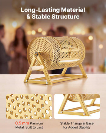 Raffle Ticket Spinner, 11.6" x 6.6" Holds 2500 Tickets or 100 Ping Pong Balls, Raffle Drum Lottery Spinning Cage with Reinforced Handle, Stable Triangular Stand, for Events and Gatherings, Gold