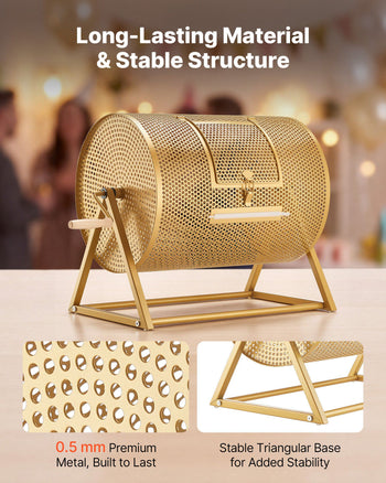 Raffle Ticket Spinner, 16.1" x 11.9" Holds 5000 Tickets or 200 Ping Pong Balls, Raffle Drum Lottery Spinning Cage with Reinforced Handle, Stable Triangular Stand, for Events and Gatherings, Gold