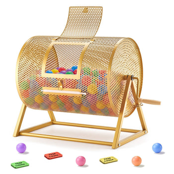 Raffle Ticket Spinner, 16.1" x 11.9" Holds 5000 Tickets or 200 Ping Pong Balls, Raffle Drum Lottery Spinning Cage with Reinforced Handle, Stable Triangular Stand, for Events and Gatherings, Gold