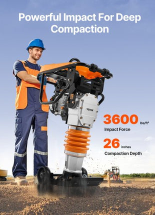 Jumping Jack Compactor, 6.5 HP Vibratory Rammer Fuel-Powered 196 cc Engine Tamper, 3600 lbs Impact Force, 26" Max Compaction Depth, for Soil, Gravel, Footings, Concrete Slabs, and Foundations