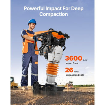 Jumping Jack Compactor, 6.5 HP Vibratory Rammer Fuel-Powered 196 cc Engine Tamper, 3600 lbs Impact Force, 26" Max Compaction Depth, for Soil, Gravel, Footings, Concrete Slabs, and Foundations