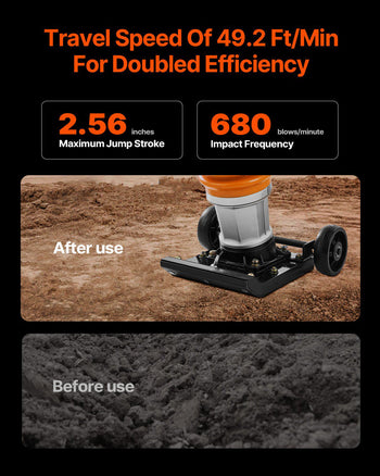 Jumping Jack Compactor, 6.5 HP Vibratory Rammer Fuel-Powered 196 cc Engine Tamper, 3600 lbs Impact Force, 26" Max Compaction Depth, for Soil, Gravel, Footings, Concrete Slabs, and Foundations