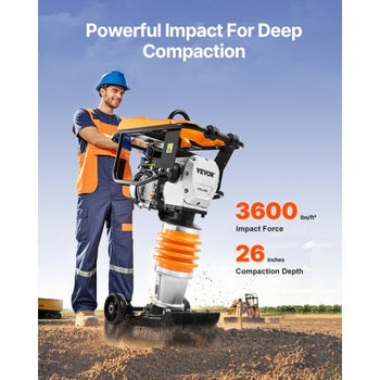 Jumping Jack Compactor, 6.5 HP Vibratory Rammer Fuel-Powered 196 cc Engine Tamper, 3600 lbs Impact Force, 26" Max Compaction Depth, Four-Spring, for Soil, Gravel, Concrete Slabs, Foundations