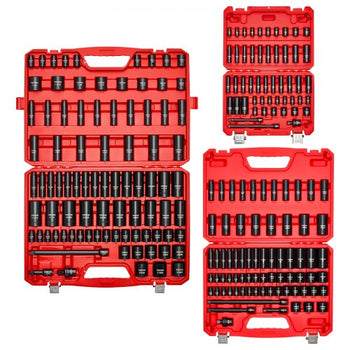 210 Piece Drive Impact Socket Set, 1/4, 3/8, 1/2 Inch, 6 Point Deep & Shallow Impact Sockets, SAE (3/16 to 1-1/4 in) and Metric (4 to 32 mm) Sizes with Extension Bars, Cr-V Steel, Carrying Case