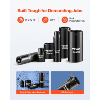 3/8 in Drive Impact Socket Set, 64 Piece, 6 Point Deep & Shallow Impact Sockets, SAE (5/16 in to 1 in) and Metric (6 to 24 mm) Sizes with 3 in & 6 in Extension Bars, Cr-V Steel, Carrying Case