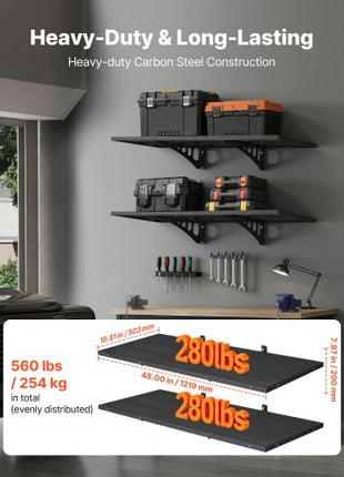 2-Tier Heavy Duty Wall Garage Shelving, 1.64 x 4 ft Steel Wall Mounted Shelving Unit, 19.68 x 48 Inch Per Shelf Floating Storage Metal Rack for Garage with 560 lbs Total Weight Capacity, Black