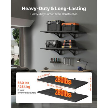 2-Tier Heavy Duty Wall Garage Shelving, 1.64 x 4 ft Steel Wall Mounted Shelving Unit, 19.68 x 48 Inch Per Shelf Floating Storage Metal Rack for Garage with 560 lbs Total Weight Capacity, Black