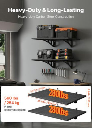 2-Tier Heavy Duty Wall Garage Shelving, 2 x 3 ft Steel Wall Mounted Shelving Unit, 12 x 72 Inch Per Shelf Floating Storage Metal Rack for Garage with 560 lbs Total Weight Capacity, Black