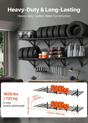 2-Tier Heavy Duty Wall Garage Shelving, 4 Pack 2 x 3 ft Steel Wall Mounted Shelving Unit, 24 x 72 Inch Per Shelf Floating Storage Metal Rack for Garage, 1600 lbs Total Weight Capacity, Black