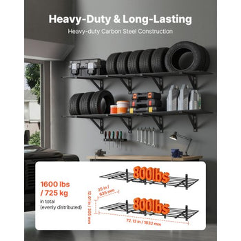 2-Tier Heavy Duty Wall Garage Shelving, 4 Pack 2 x 3 ft Steel Wall Mounted Shelving Unit, 24 x 72 Inch Per Shelf Floating Storage Metal Rack for Garage, 1600 lbs Total Weight Capacity, Black