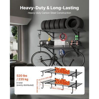 2-Tier Heavy Duty Wall Garage Shelving, 2 x 4 ft Steel Wall Mounted Shelving Unit with Hooks, 24 x 48 Inch Per Shelf Floating Storage Metal Rack for Garage, 520 lbs Total Weight Capacity, Black