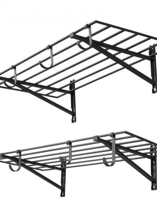 2-Tier Heavy Duty Wall Garage Shelving, 2 x 4 ft Steel Wall Mounted Shelving Unit with Hooks, 24 x 48 Inch Per Shelf Floating Storage Metal Rack for Garage, 520 lbs Total Weight Capacity, Black