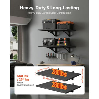 2-Tier Heavy Duty Wall Garage Shelving, 2 x 3 ft Steel Wall Mounted Shelving Unit with Hooks, 24 x 36 Inch Per Shelf Floating Storage Metal Rack for Garage, 500 lbs Total Weight Capacity, Black