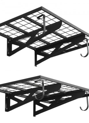 2-Tier Heavy Duty Wall Garage Shelving, 2 x 3 ft Steel Wall Mounted Shelving Unit with Hooks, 24 x 36 Inch Per Shelf Floating Storage Metal Rack for Garage, 500 lbs Total Weight Capacity, Black
