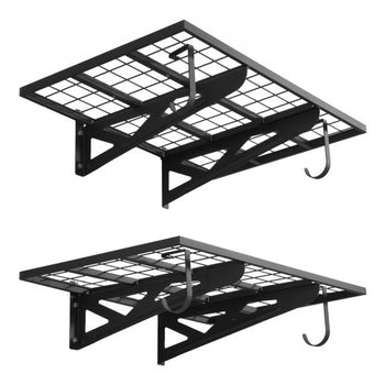 2-Tier Heavy Duty Wall Garage Shelving, 2 x 3 ft Steel Wall Mounted Shelving Unit with Hooks, 24 x 36 Inch Per Shelf Floating Storage Metal Rack for Garage, 500 lbs Total Weight Capacity, Black