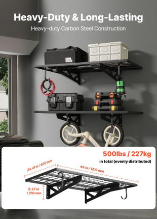 2-Tier Heavy Duty Wall Garage Shelving, 2 x 4 ft Steel Wall Mounted Shelving Unit with Hooks, 24 x 48 Inch Per Shelf Floating Storage Metal Rack for Garage, 500 lbs Total Weight Capacity, Black