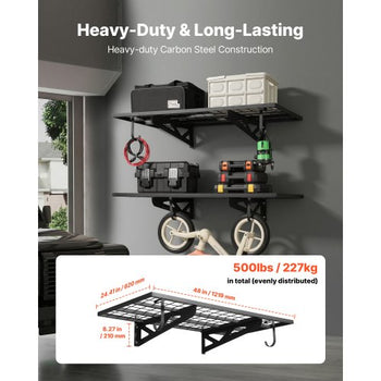 2-Tier Heavy Duty Wall Garage Shelving, 2 x 4 ft Steel Wall Mounted Shelving Unit with Hooks, 24 x 48 Inch Per Shelf Floating Storage Metal Rack for Garage, 500 lbs Total Weight Capacity, Black