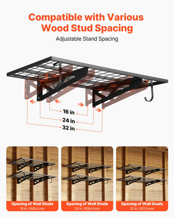 2-Tier Heavy Duty Wall Garage Shelving, 2 x 4 ft Steel Wall Mounted Shelving Unit with Hooks, 24 x 48 Inch Per Shelf Floating Storage Metal Rack for Garage, 500 lbs Total Weight Capacity, Black