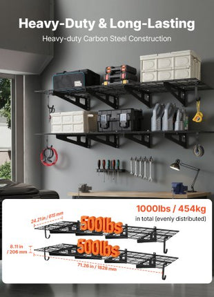 2-Tier Heavy Duty Wall Garage Shelving, 8 Pack 1 x 3 ft Steel Wall Mounted Shelving Unit with Hooks, 24 x 72 Inch Per Shelf Floating Storage Metal Rack, 1000 lbs Total Weight Capacity, Black