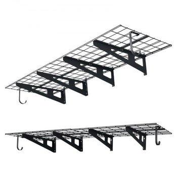 2-Tier Heavy Duty Wall Garage Shelving, 8 Pack 1 x 3 ft Steel Wall Mounted Shelving Unit with Hooks, 24 x 72 Inch Per Shelf Floating Storage Metal Rack, 1000 lbs Total Weight Capacity, Black