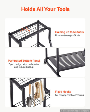 Garden Tool Organizer, 3-Tier High-Capacity Metal Garage Storage Rack, for Rakes/Shovels/Brooms, Yard Utility Tool Holder for Shed/Outdoor/Lawn Organization, Heavy-Duty Steel, with Hooks, Black