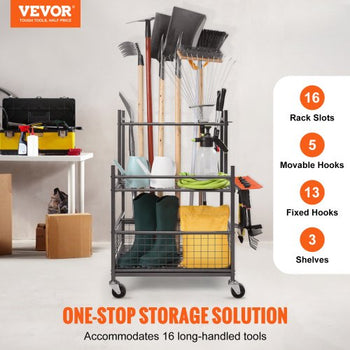 Garden Tool Organizer, 16 Slots with Hooks, Yard Tool Tower Rack with Wheels for Garage Organization and Storage, Hold Long-Handled Tool/Rake/Broom, Metal Tool Stand Holder for Shed, Outdoor