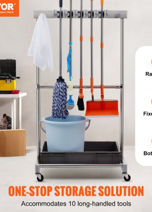 Garden Tool Organizer, 10 Slots with Hooks, Yard Tool Tower Rack with Wheels for Garage Organization and Storage, Hold Long-Handled Tool/Rake/Broom, Metal Tool Stand Holder for Shed, Outdoor