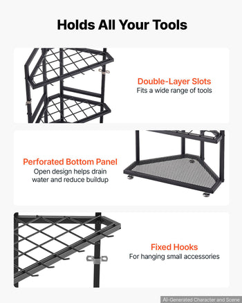 Garden Tool Organizer for Corner, 17 Slots, Metal Garage Storage Rack, for Rakes/Shovels/Brooms, Yard Utility Tool Holder for Shed/Outdoor/Lawn Organization, Heavy-Duty Steel, with Hooks, Black