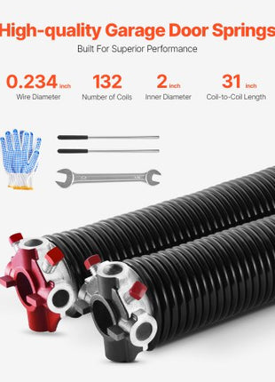 Garage Door Torsion Springs, Pair of 0.234 x 2 x 31 in, 16000 Cycles, Electrophoresis Black Coated for Replacement, Garage Door Springs with Non-Slip Winding Bars, Gloves and Mounting Wrench