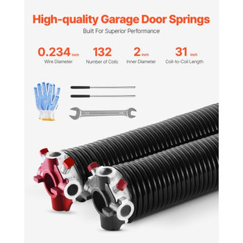 Garage Door Torsion Springs, Pair of 0.234 x 2 x 31 in, 16000 Cycles, Electrophoresis Black Coated for Replacement, Garage Door Springs with Non-Slip Winding Bars, Gloves and Mounting Wrench