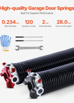 Garage Door Torsion Springs, Pair of 0.234 x 2 x 28 in, 16000 Cycles, Electrophoresis Black Coated for Replacement, Garage Door Springs with Non-Slip Winding Bars, Gloves and Mounting Wrench