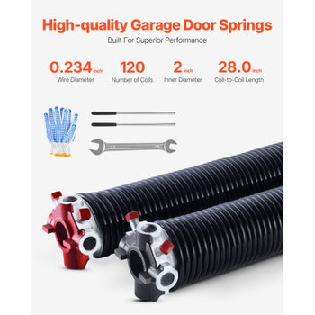 Garage Door Torsion Springs, Pair of 0.234 x 2 x 28 in, 16000 Cycles, Electrophoresis Black Coated for Replacement, Garage Door Springs with Non-Slip Winding Bars, Gloves and Mounting Wrench