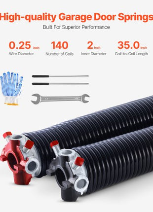 Garage Door Torsion Springs, Pair of 0.250 x 2 x 35 in, 16000 Cycles, Electrophoresis Black Coated for Replacement, Garage Door Springs with Non-Slip Winding Bars, Gloves and Mounting Wrench
