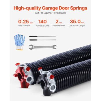 Garage Door Torsion Springs, Pair of 0.250 x 2 x 35 in, 16000 Cycles, Electrophoresis Black Coated for Replacement, Garage Door Springs with Non-Slip Winding Bars, Gloves and Mounting Wrench