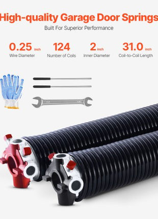 Garage Door Torsion Springs, Pair of 0.25 x 2 x 31 in, 16000 Cycles, Electrophoresis Black Coated for Replacement, Garage Door Springs with Non-Slip Winding Bars, Gloves and Mounting Wrench