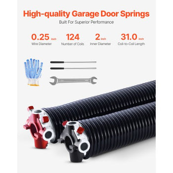 Garage Door Torsion Springs, Pair of 0.25 x 2 x 31 in, 16000 Cycles, Electrophoresis Black Coated for Replacement, Garage Door Springs with Non-Slip Winding Bars, Gloves and Mounting Wrench
