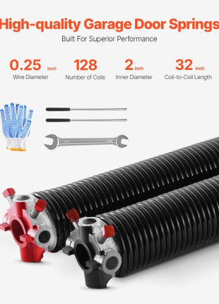 Garage Door Torsion Springs, Pair of 0.25 x 2 x 32 in, 16000 Cycles, Electrophoresis Black Coated for Replacement, Garage Door Springs with Non-Slip Winding Bars, Gloves and Mounting Wrench