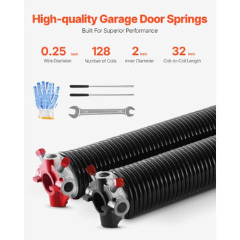 Garage Door Torsion Springs, Pair of 0.25 x 2 x 32 in, 16000 Cycles, Electrophoresis Black Coated for Replacement, Garage Door Springs with Non-Slip Winding Bars, Gloves and Mounting Wrench