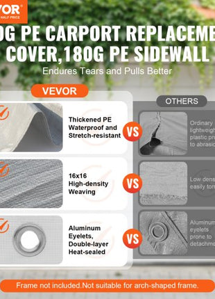 Carport Replacement Canopy Cover Top + Side Wall 10 x 20 ft, Garage Tent Shelter Tarp Heavy-Duty Waterproof & UV Protected, Easy Installation with Ball Bungees,Grey (Frame Not Included)