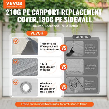 Carport Replacement Canopy Cover Top + Side Wall 10 x 20 ft, Garage Tent Shelter Tarp Heavy-Duty Waterproof & UV Protected, Easy Installation with Ball Bungees,Grey (Frame Not Included)